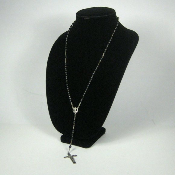 Madonna Rosary 29 In Silvertone Cross Black Beads Italy Crucifix Silver Jesus - Picture 3 of 6